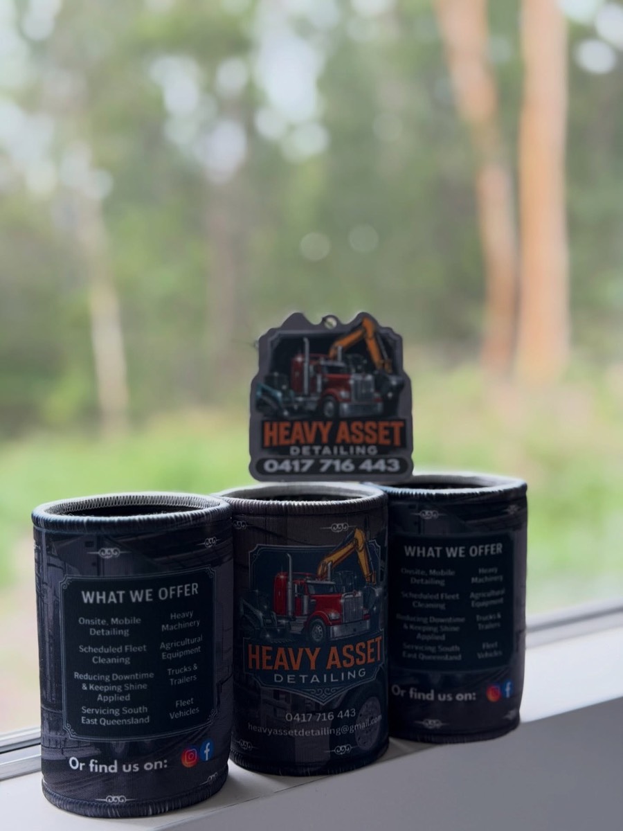 Custom stubby coolers and air freshener for Heavy Asset Detailing